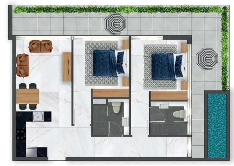 Samana Waves Phase II 2 bed floor plan, 1,078 – 1,104 sqft