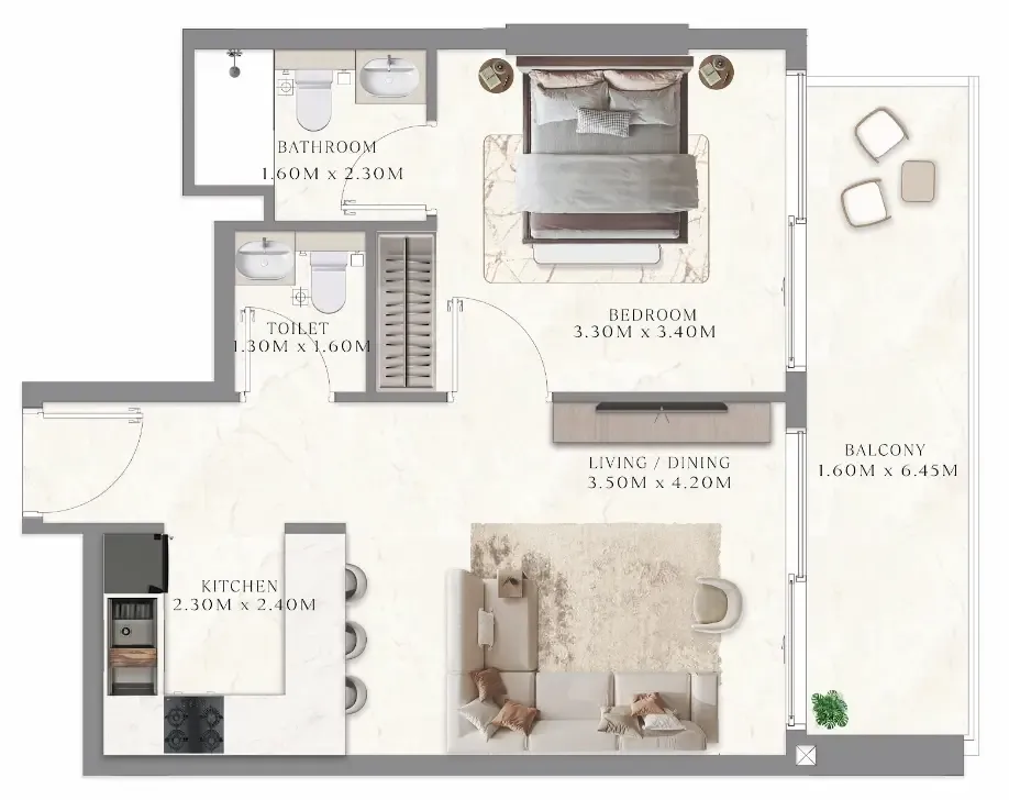 Aum 99 Residences 1 bed floor plan, 627 sqft