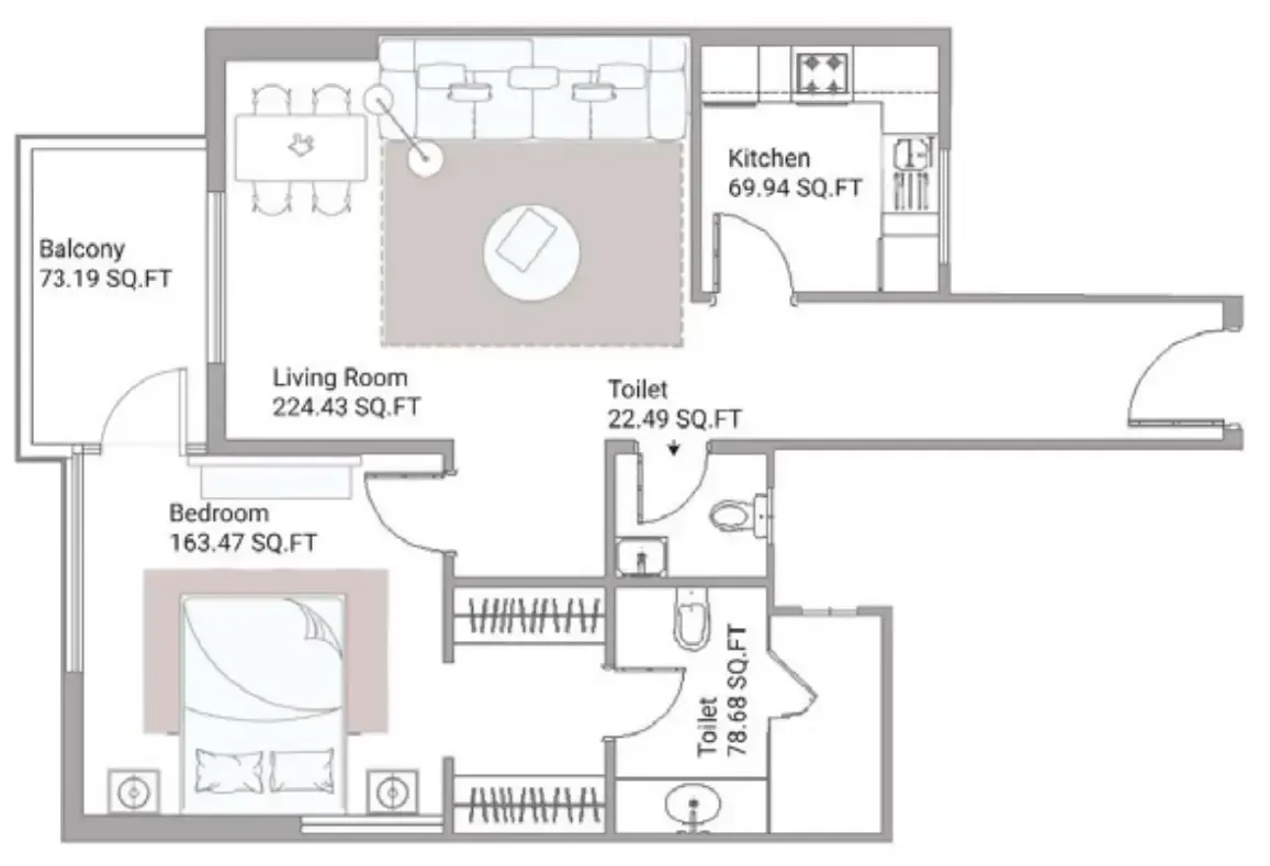 Ajman Creek Towers 1 bed floor plan, 1,104 sqft