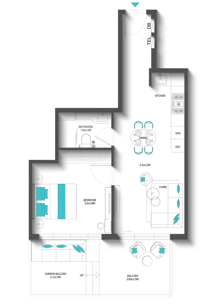 Reef 996 1 bed floor plan, 700 sqft