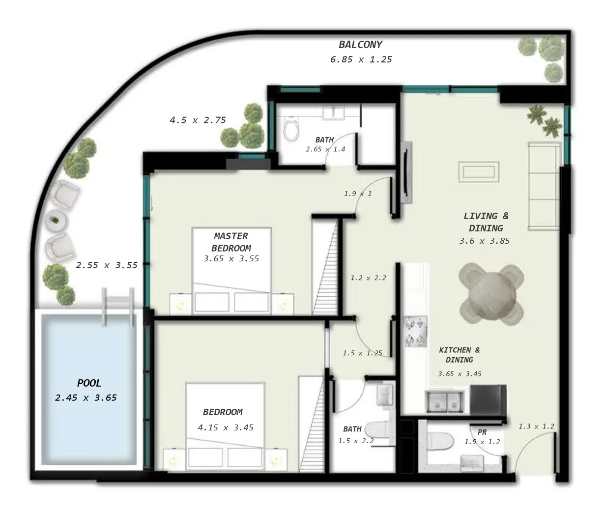 Samana Avenue 2 bed floor plan, 1,231 sqft
