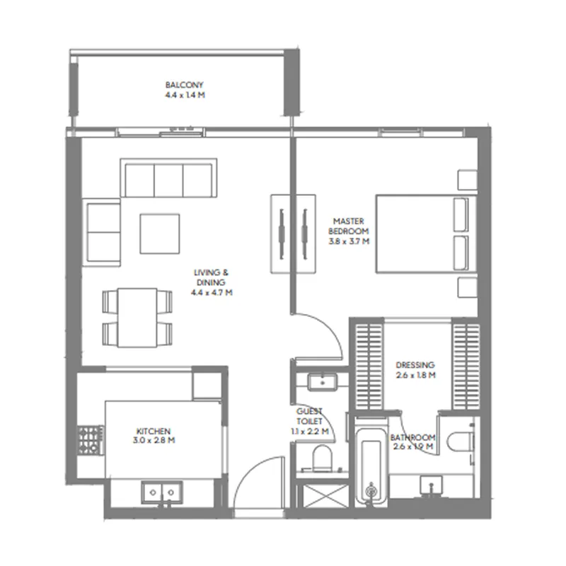 The Gate 6 1 bed floor plan, 803 sqft