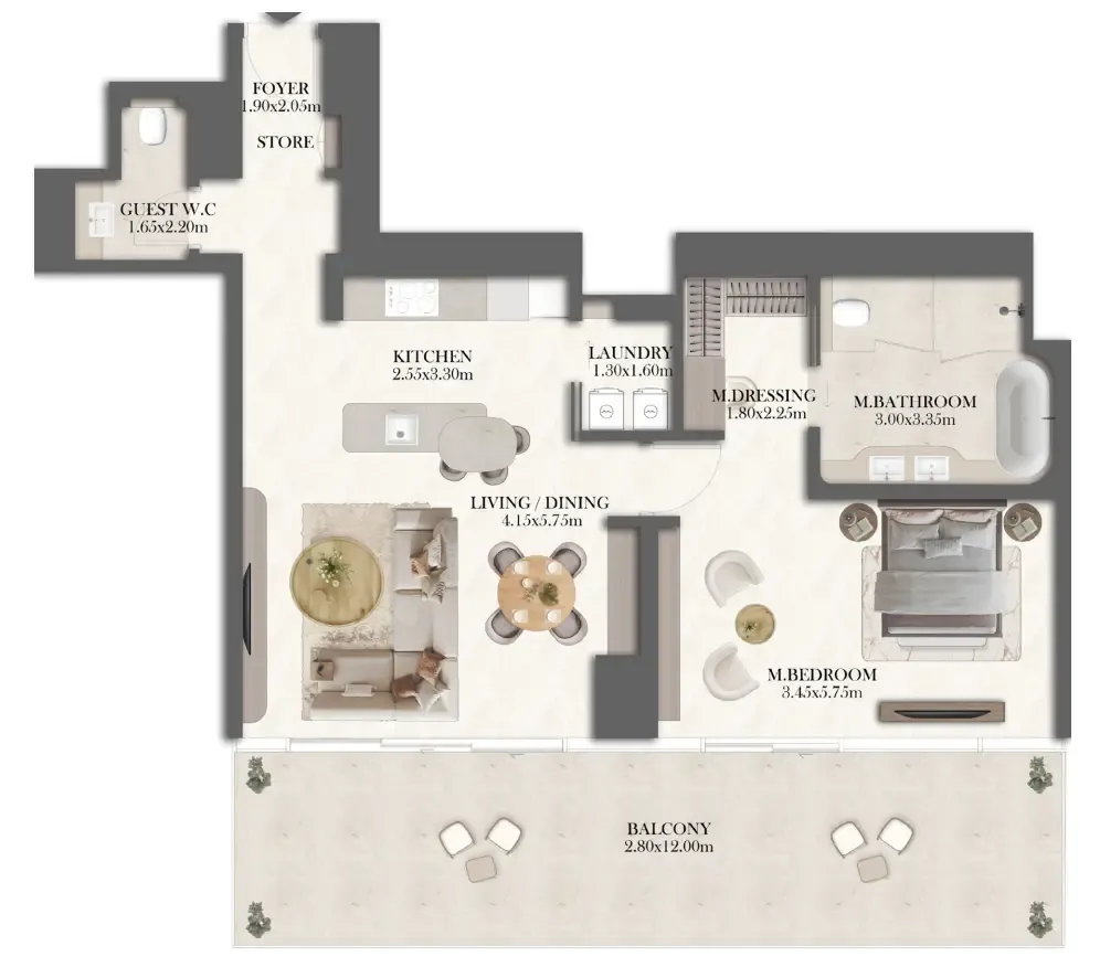 Jumeirah Residences at Al Maryah Island 1 bed floor plan, 1,205 sqft