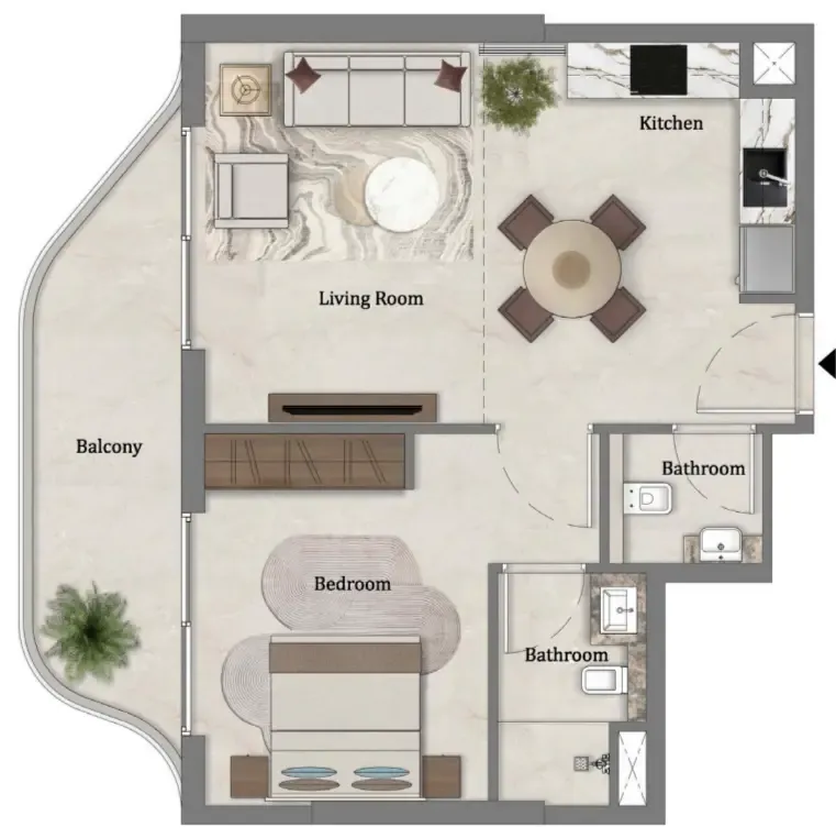 Mirari Lagoon by Zoya 1 bed floor plan, 606 sqft