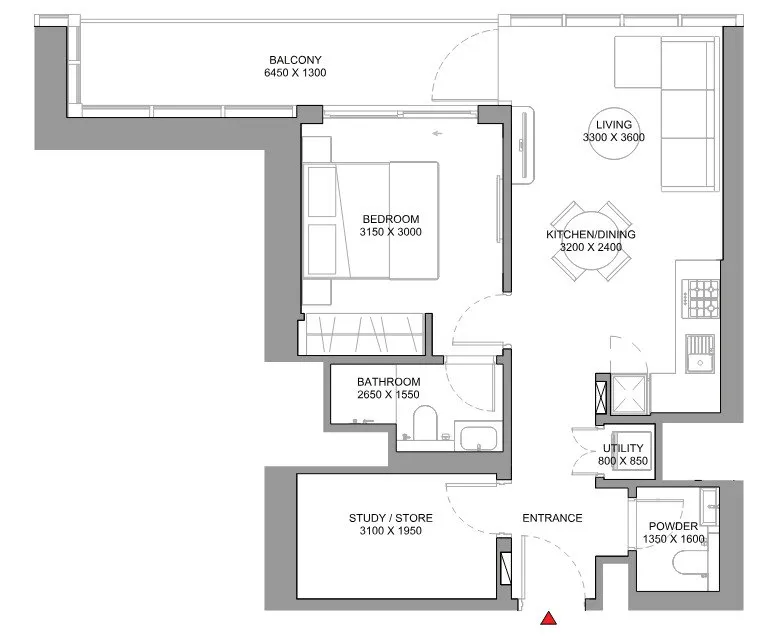 Sobha Orbis 1 bed floor plan, 702 sqft