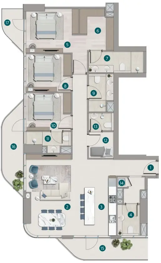 Flora Shore Beachside Residences 3 bed floor plan, 1,017 – 1,092 sqft