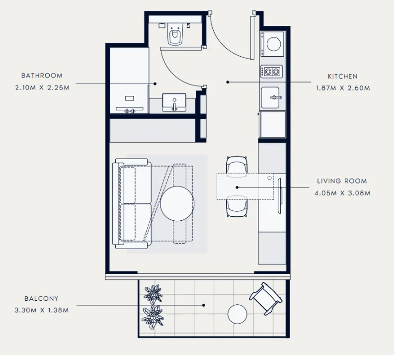 Azizi Venice Studio floor plan, 334 sqft