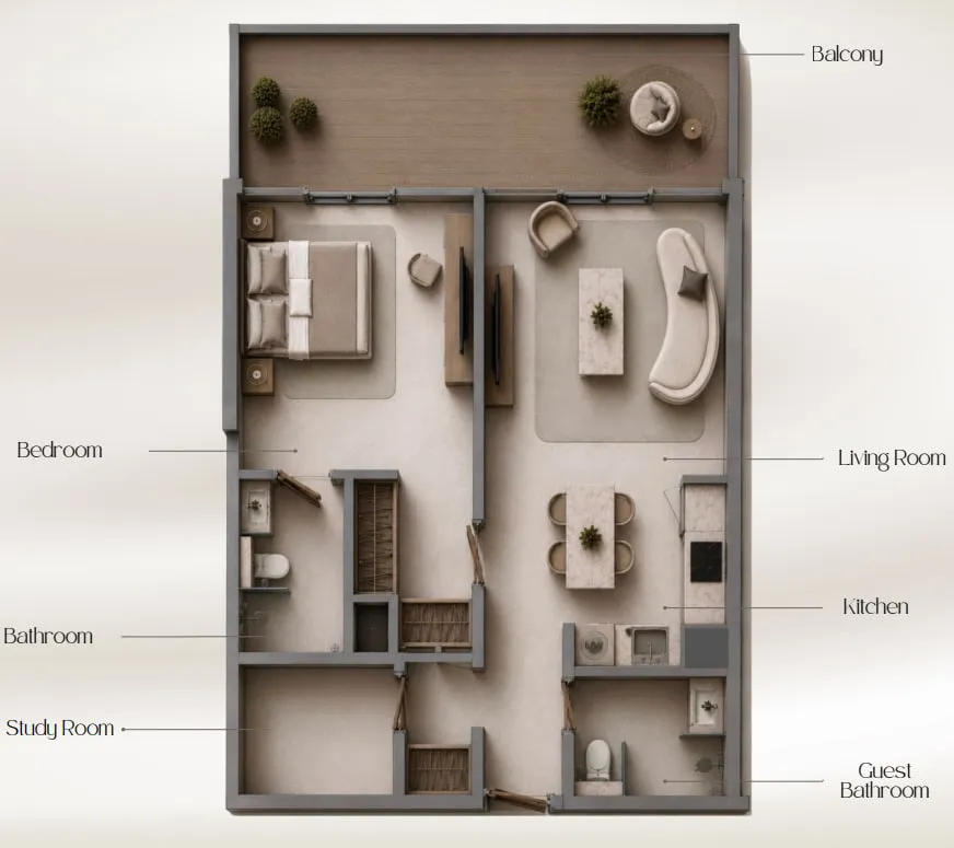 Beverly Crown 1 bed floor plan, 735 – 904 sqft