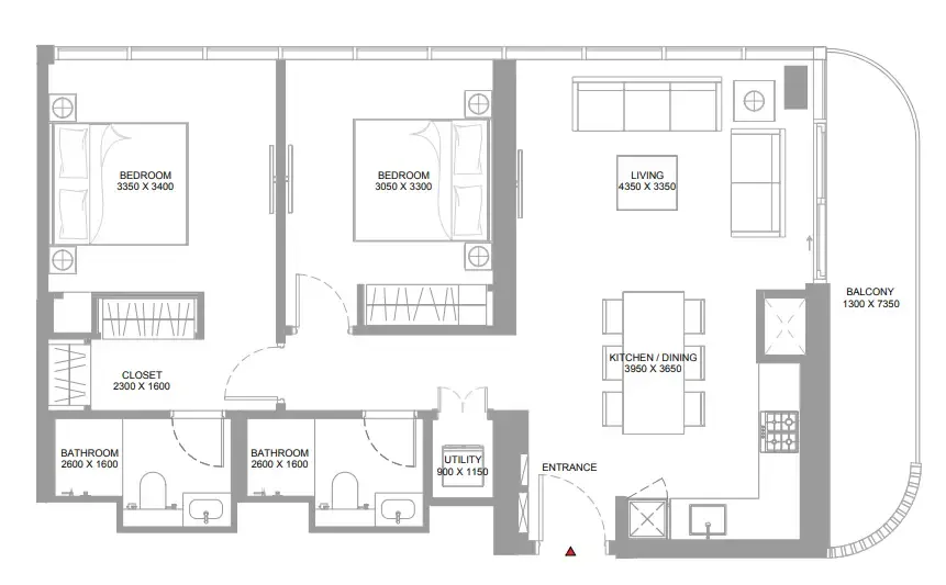 Pearlside Marina Residences 2 bed floor plan, 984 – 987 sqft