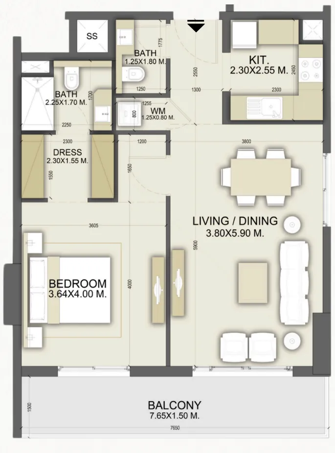 Dalmore Tower 1 bed floor plan, 810 – 813 sqft