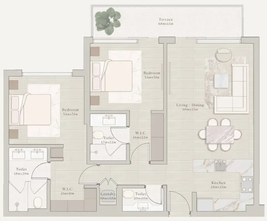 Emerge Residences 2 bed floor plan, 1,036 – 1,040 sqft