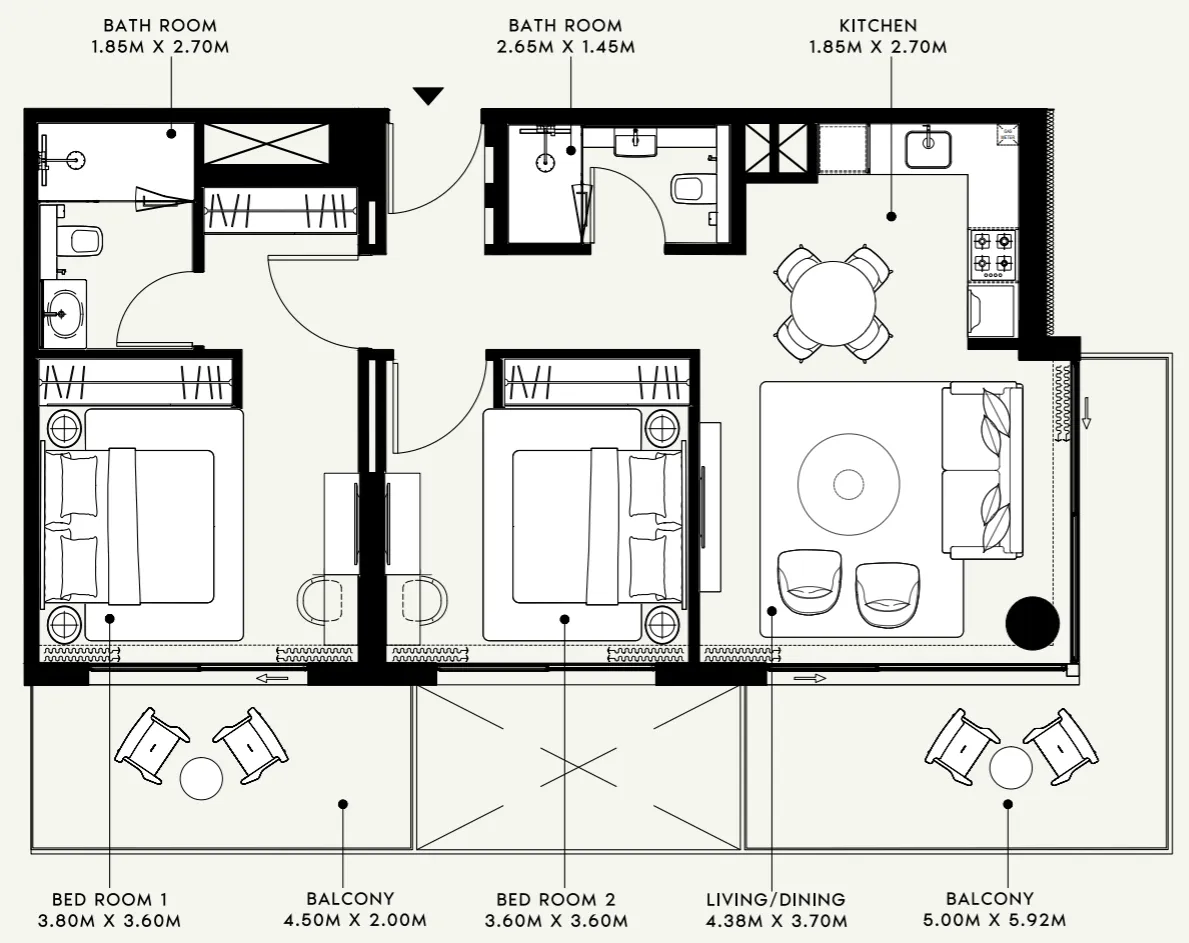 Azizi Venice 2 bed floor plan, 1,085 sqft