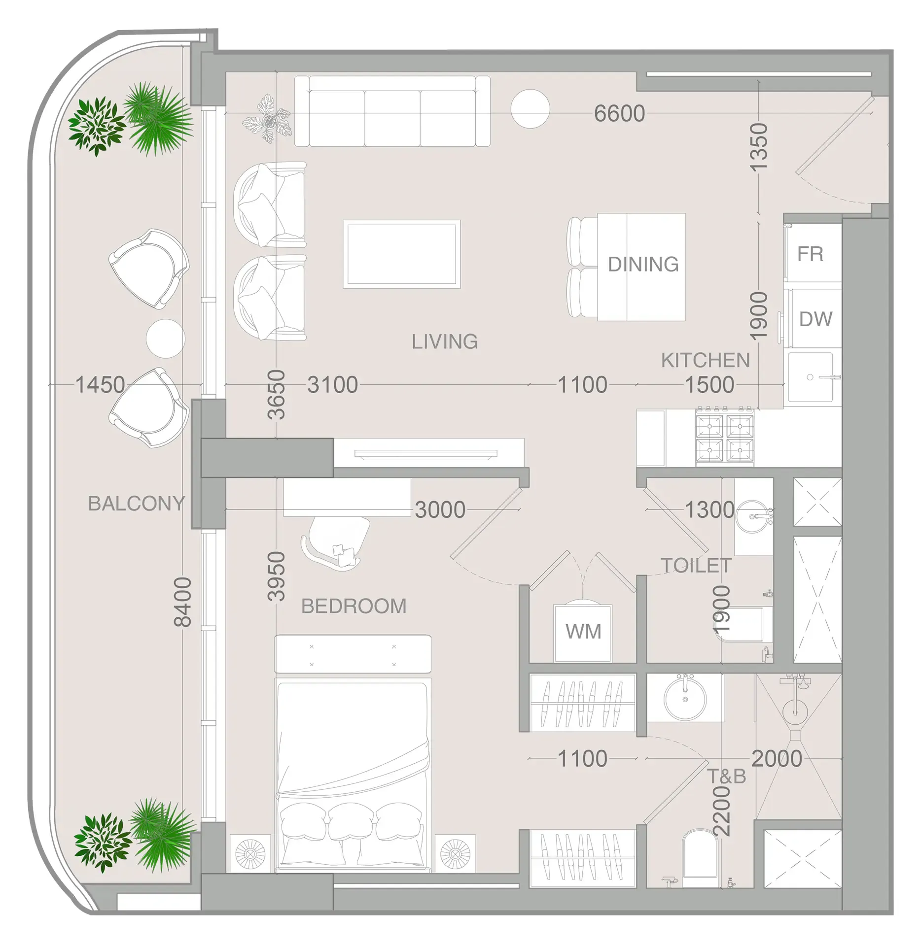ALTA V1EW 1 bed floor plan, 735 sqft