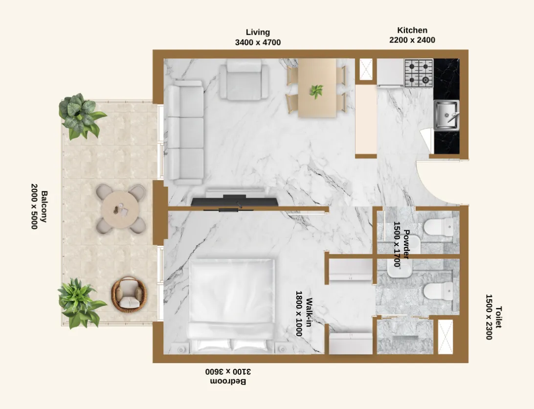 RR Residence 1 bed floor plan, 649 sqft