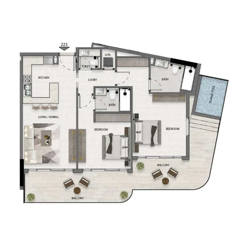 Avana Residences 2 bed floor plan, 1,324 sqft