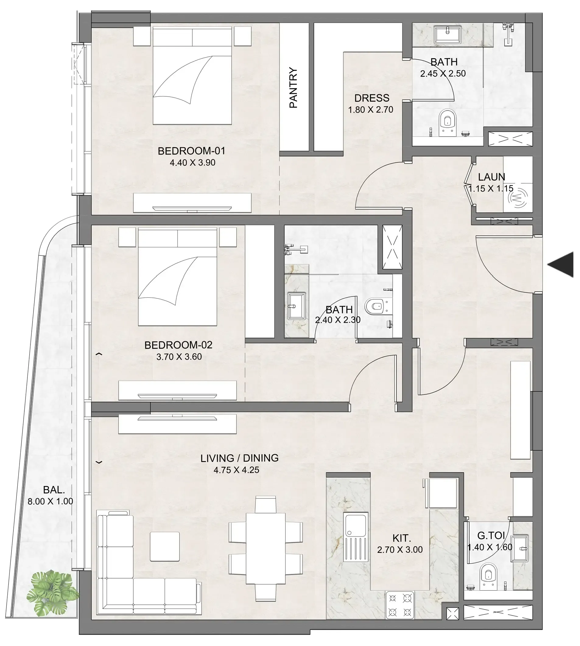 Luzora Residence 2 bed floor plan, 1,306 sqft