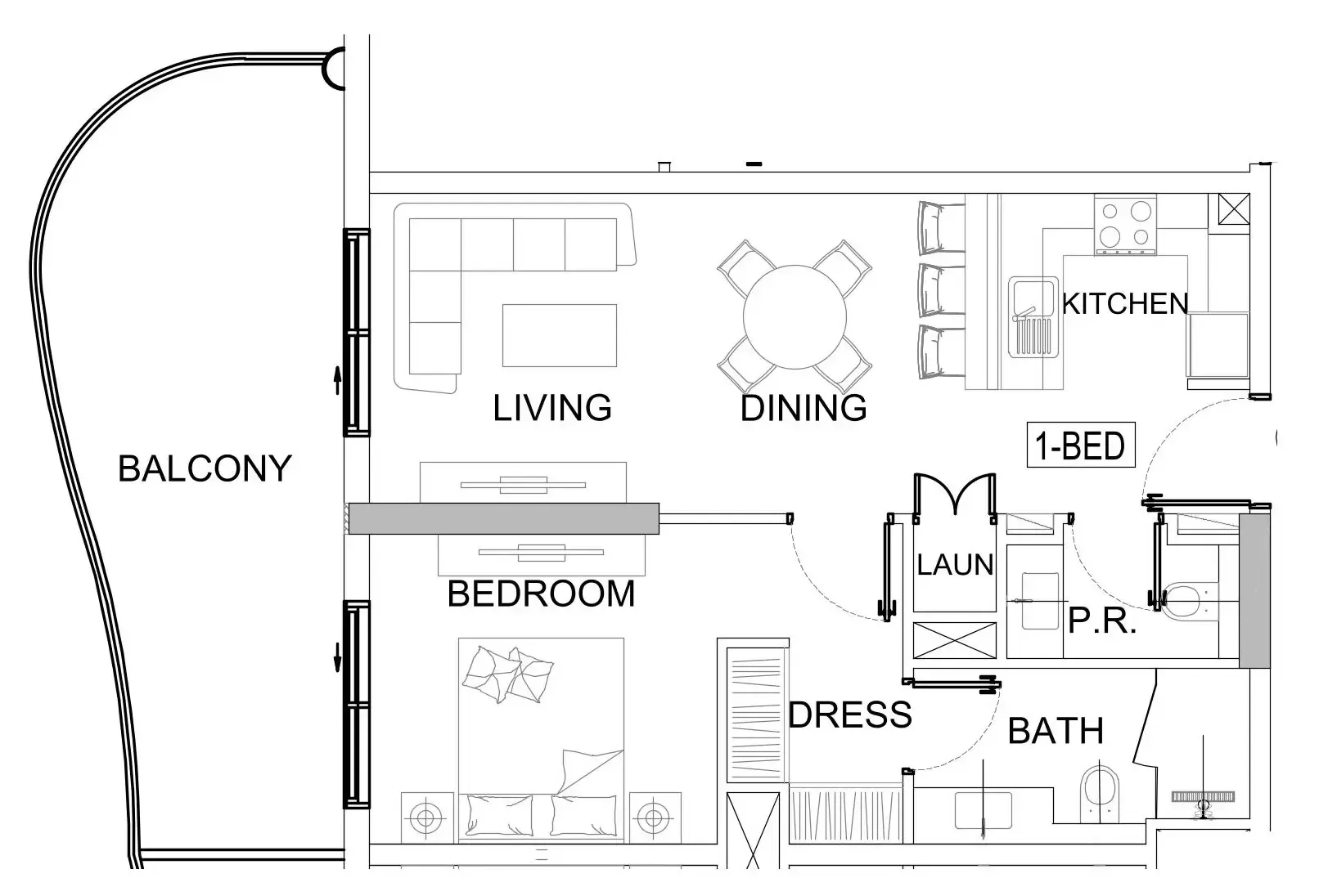 Valencia 1 bed floor plan, 812 sqft