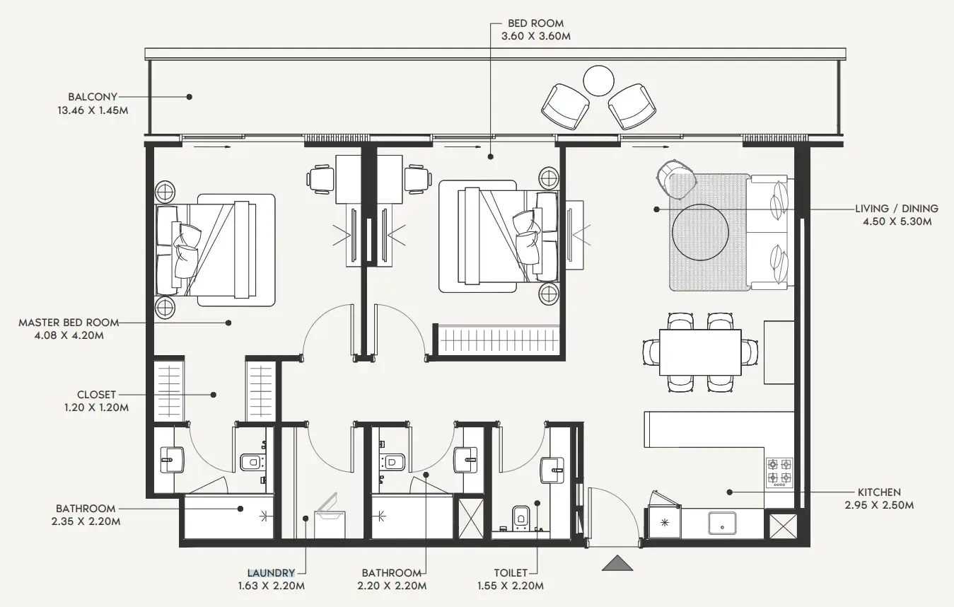 Azizi Amir 2 bed floor plan, 1,303 sqft