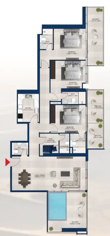 Al Vista 3 bed floor plan, 2,186 sqft