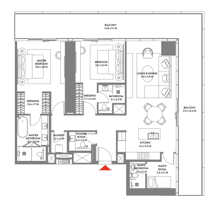 W The Residences by Arada 2 bed floor plan, 1,950 sqft