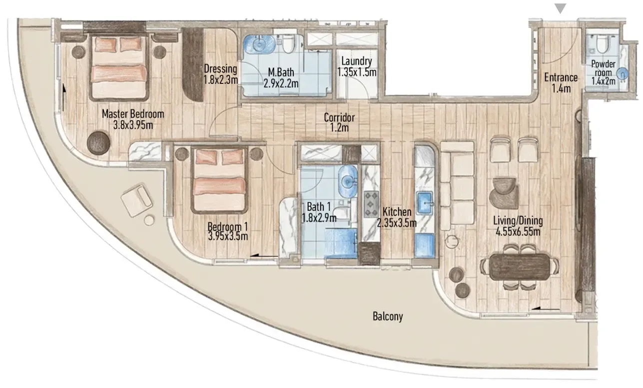 Flow 25 2 bed floor plan, 1,469 – 1,530 sqft