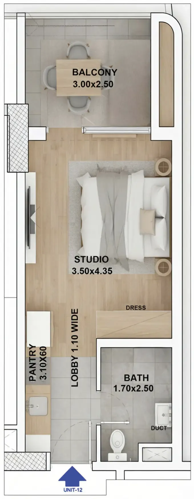 RR Residence Studio floor plan, 658 sqft