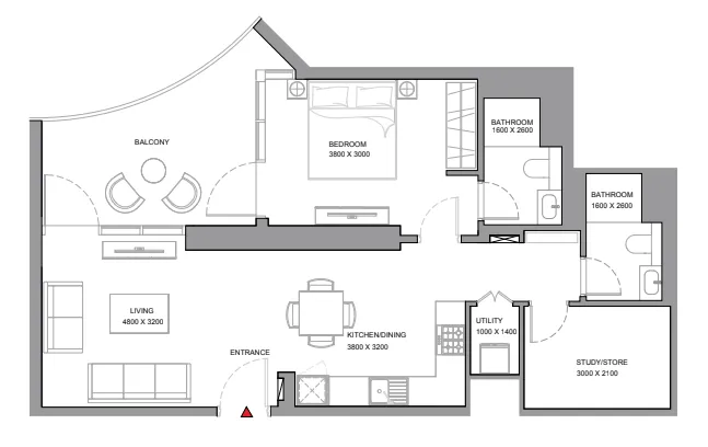 Skyvue Solair 1 bed floor plan, 944 sqft