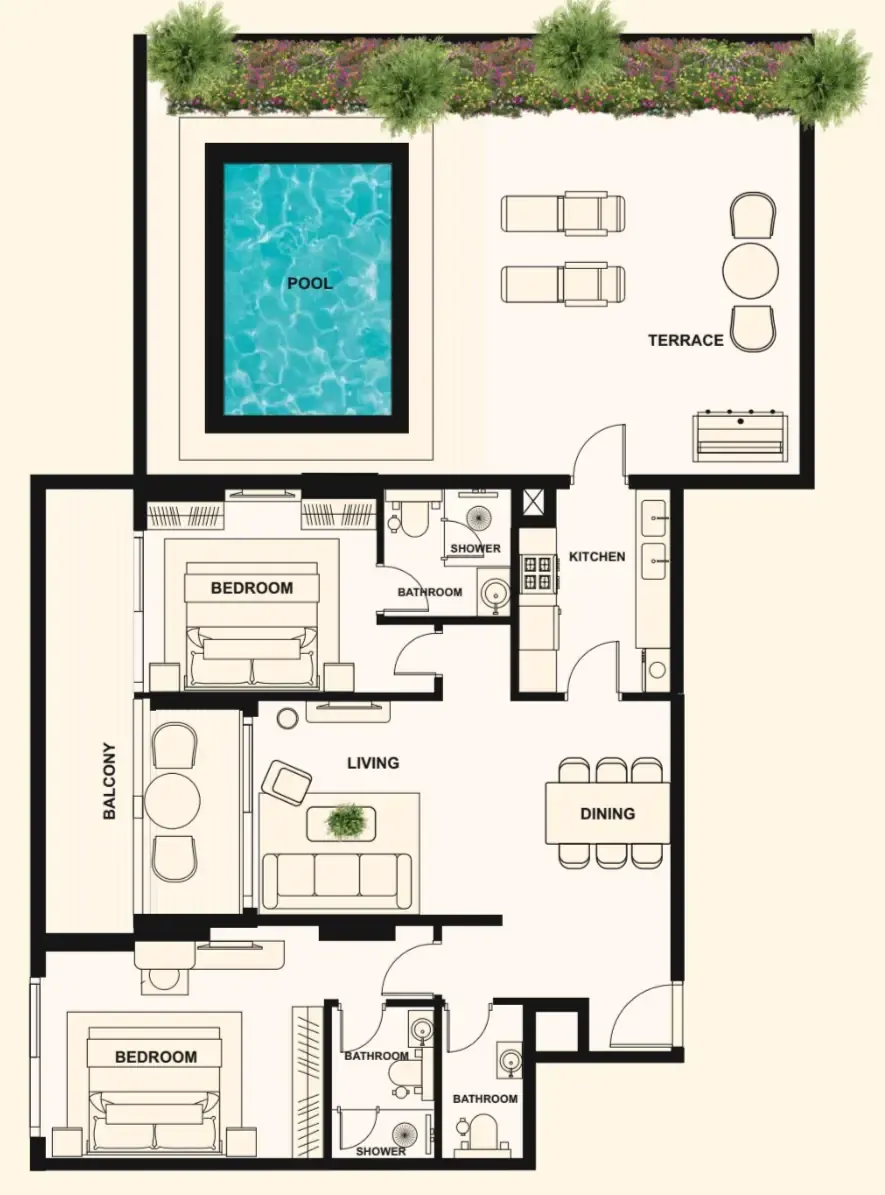 The Elysian 2 bed floor plan, 1,917 sqft