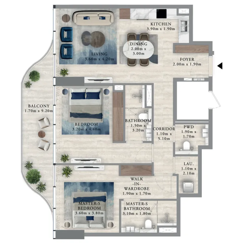 Royal Yacht Club Residence 2 bed floor plan, 1,206 sqft