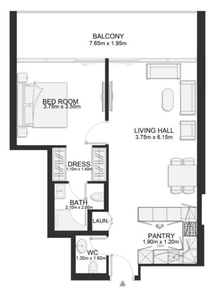 Ashley Hills 1 bed floor plan, 835 sqft