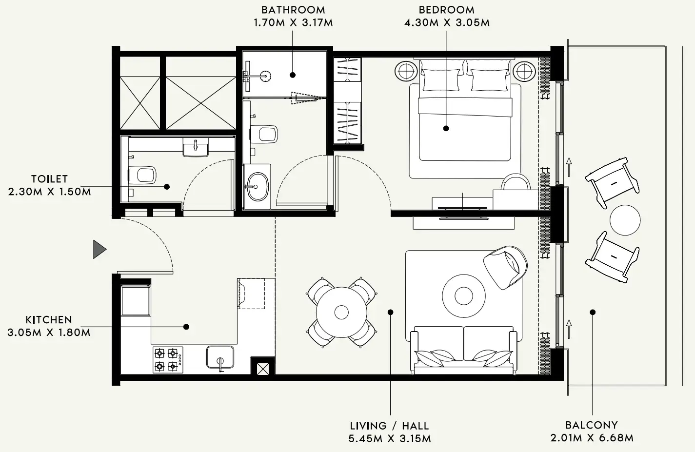Azizi Venice 1 bed floor plan, 733 sqft