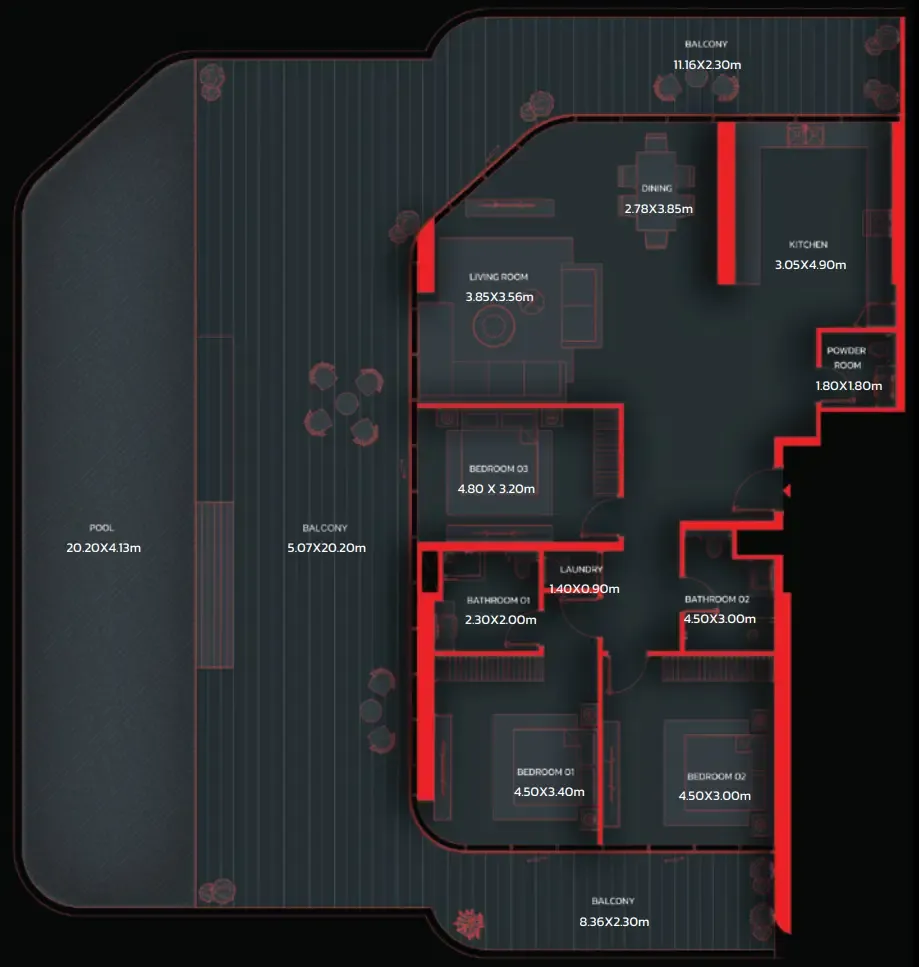 Tonino Lamborghini Residences by BNW Developments 3 bed floor plan, 3,549 – 4,350 sqft