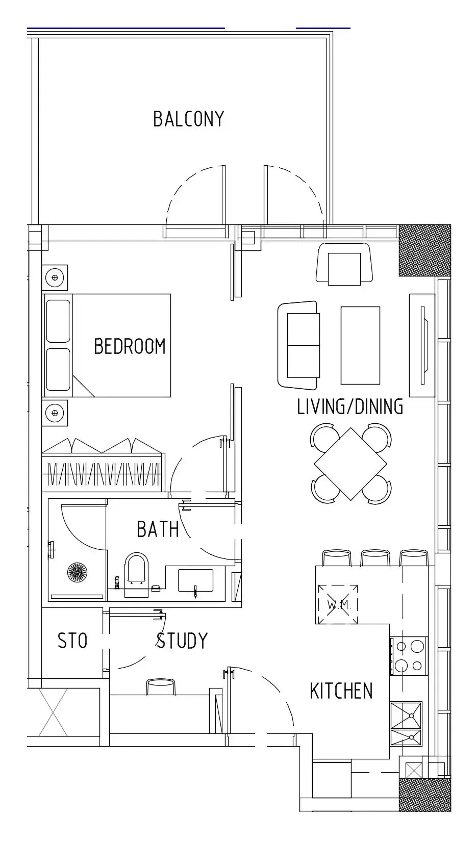Damac District 1 bed floor plan, 704 sqft