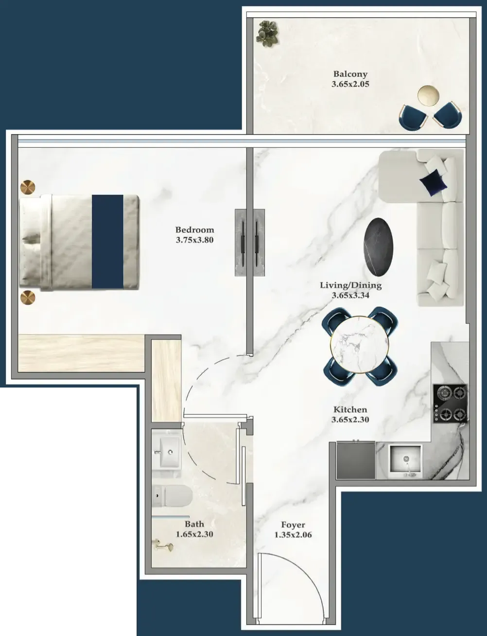Serenz 1 bed floor plan, 539 sqft