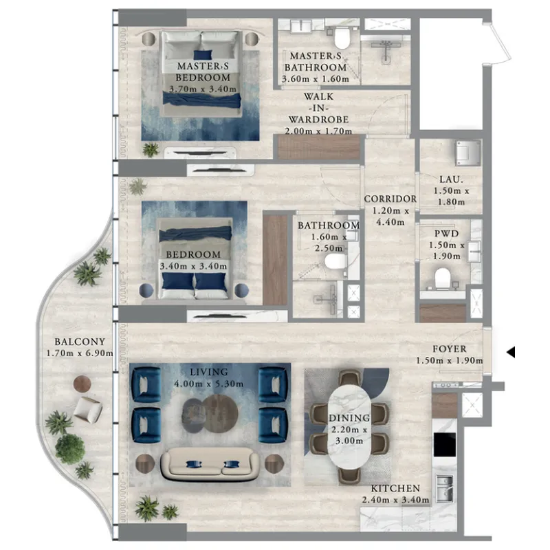 Royal Yacht Club Residence 2 bed floor plan, 1,189 sqft