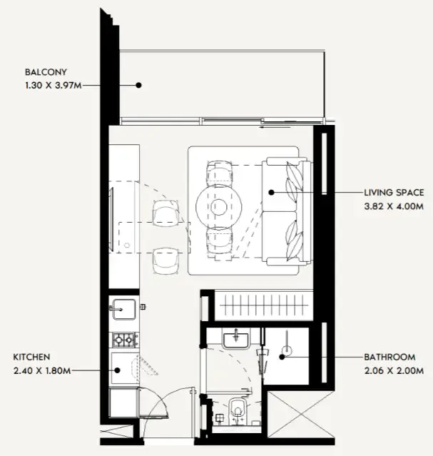Jaddaf Beach Oasis Studio floor plan, 338 sqft