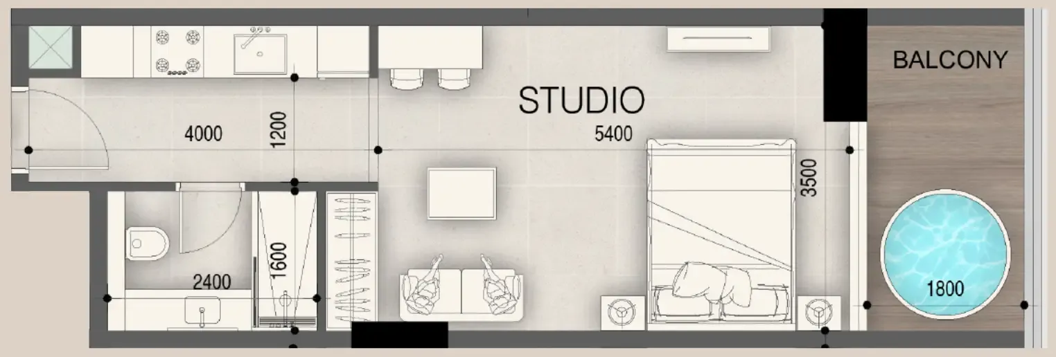 Peace Avenue Studio floor plan, 439 – 473 sqft