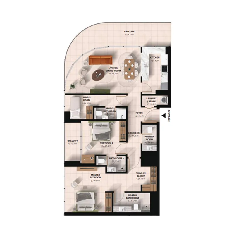 Waada Dubai South 2 bed floor plan, 1,595 sqft