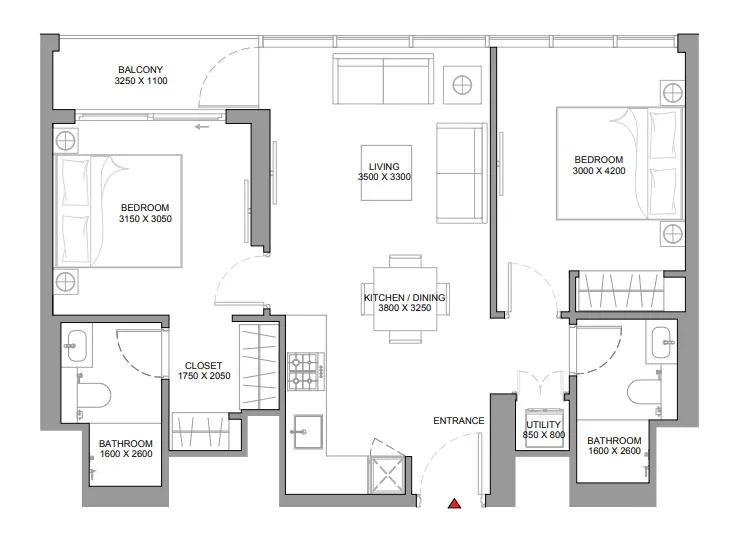 Pearlside Marina Residences 2 bed floor plan, 773 – 776 sqft