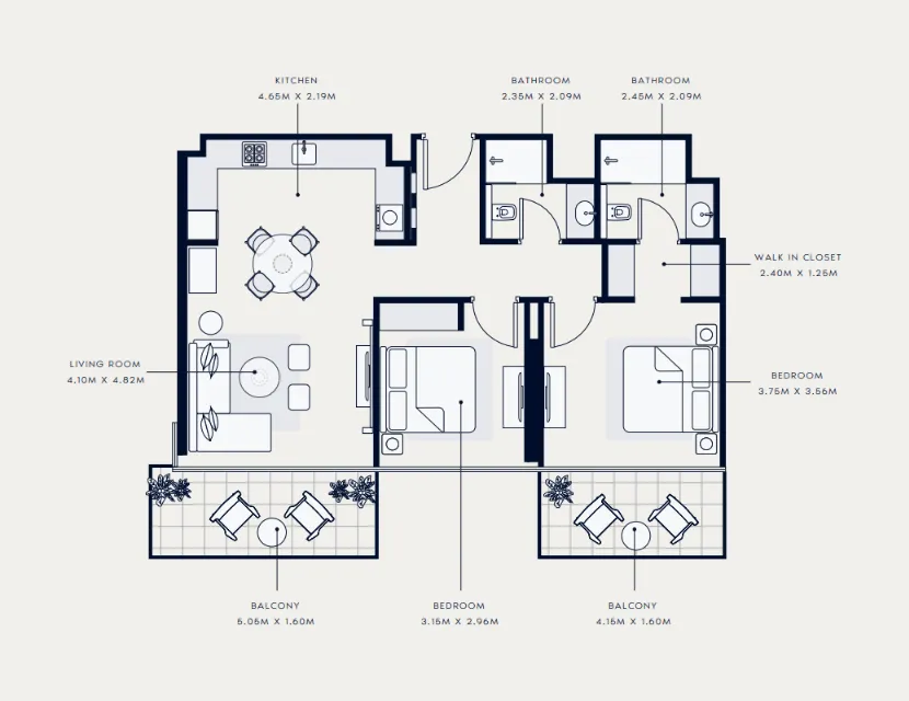 Azizi Venice 2 bed floor plan, 1,072 sqft