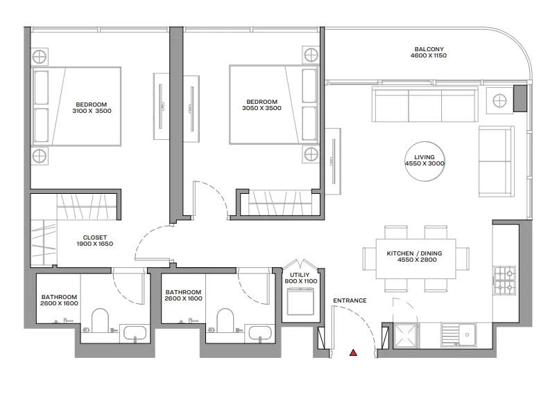 Beach Residences at Siniya Island 2 bed floor plan, 872 sqft