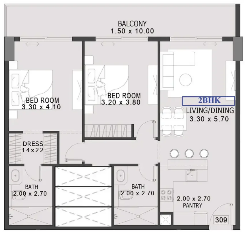 One By Preston 2 bed floor plan, 1,034 sqft