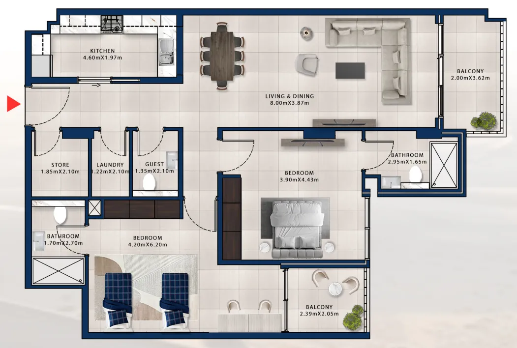 Asayel Avenue 2 bed floor plan, 1,394 sqft