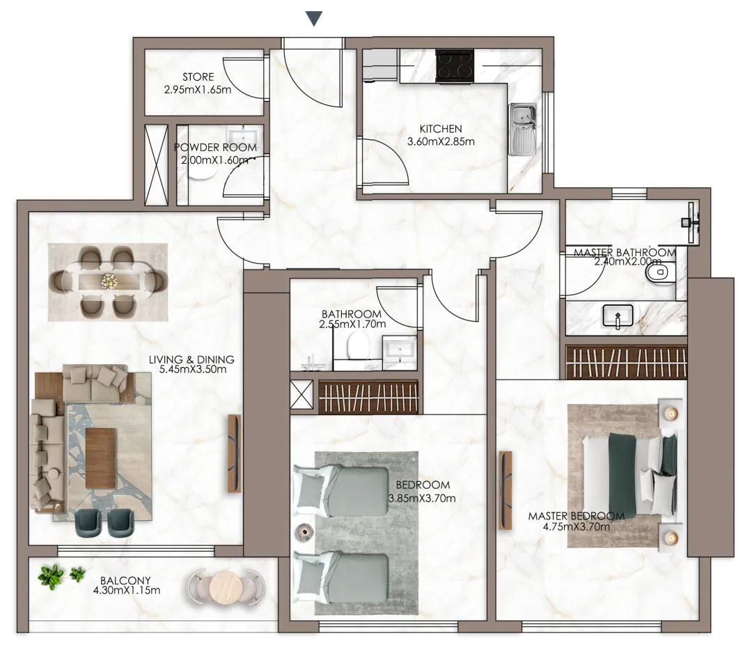 Sky Gardens Tower 2 bed floor plan, 1,533 sqft