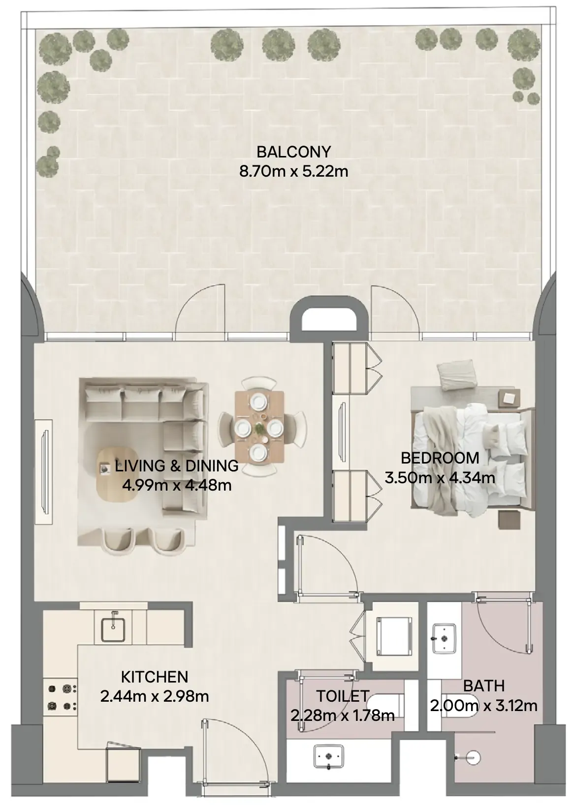 Mirasol Mina 1 bed floor plan, 1,294 – 1,295 sqft