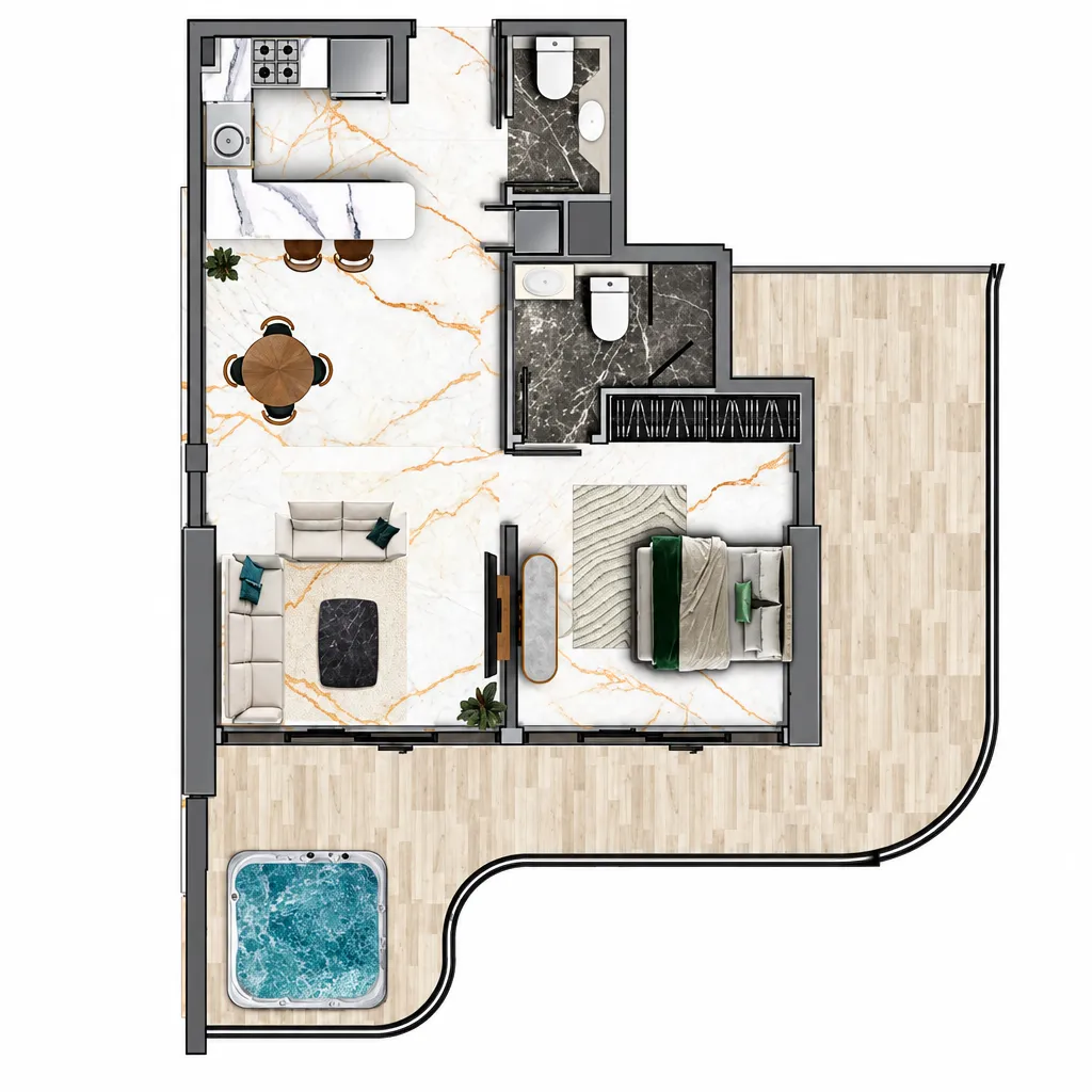 77S Tower 1 bed floor plan, 1,241 – 1,242 sqft