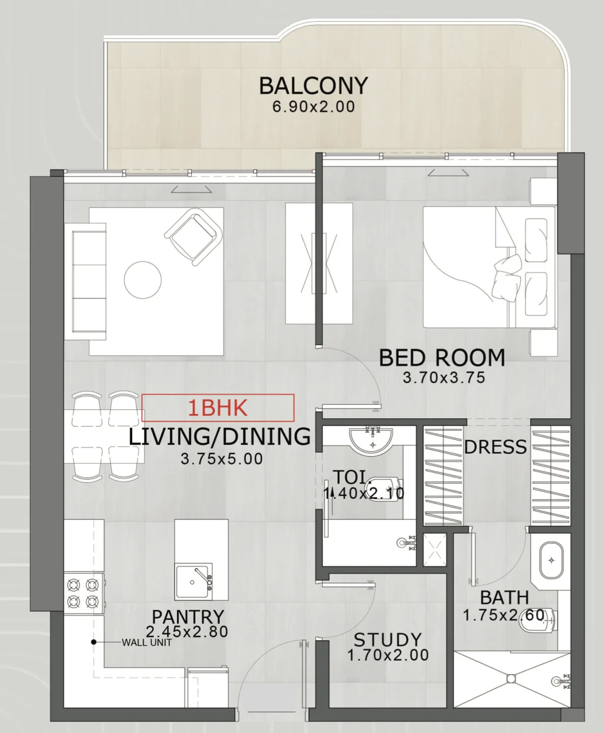 Floarea Skies 1 bed floor plan, 772 – 833 sqft