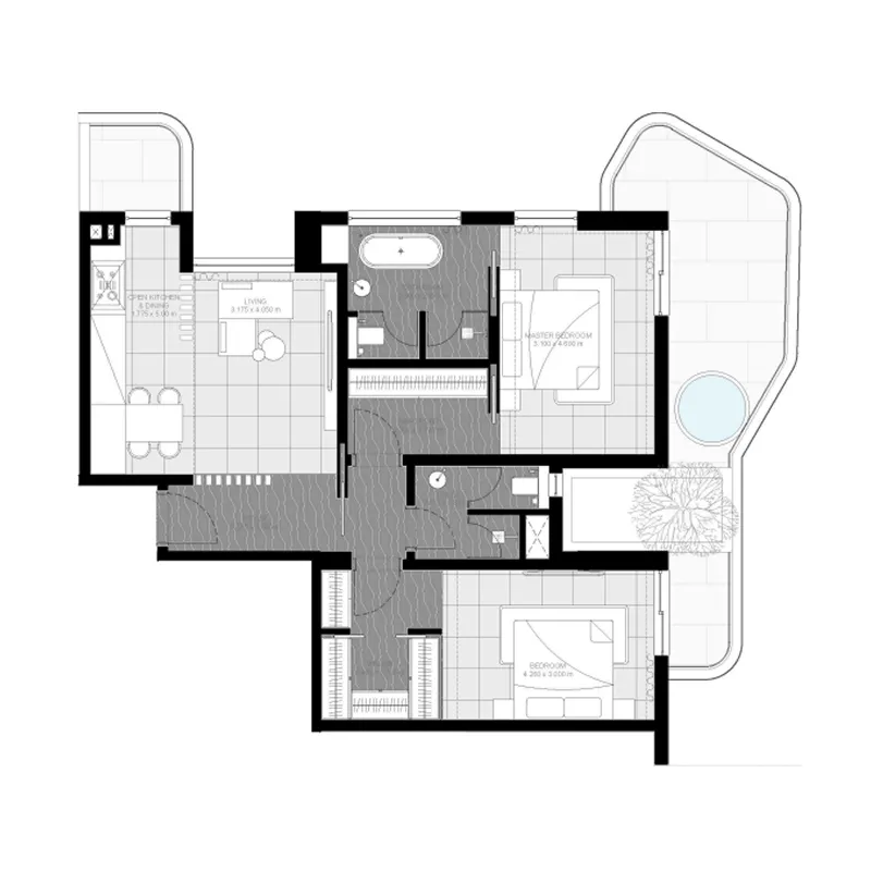 Marea Residences 2 bed floor plan, 1,237 – 1,245 sqft
