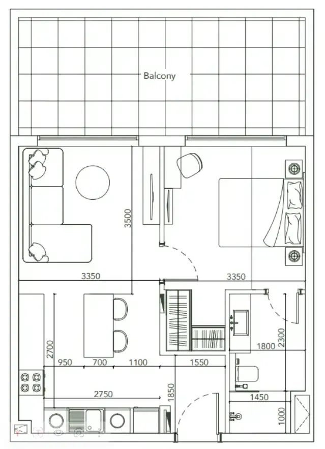 Laya Courtyard 1 bed floor plan, 686 sqft
