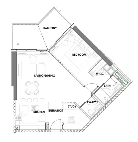 Golf Greens 1 bed floor plan, 986 sqft